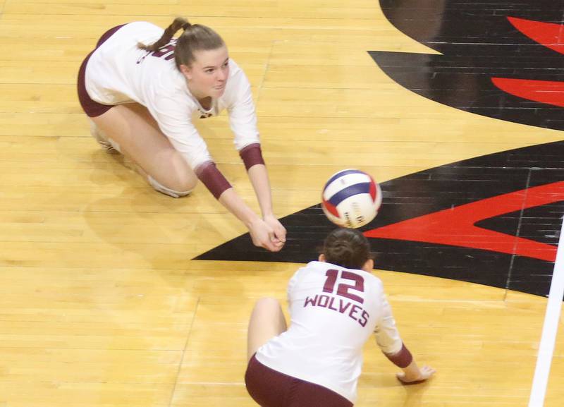 Prairie Ridge's Adeline Grinder and teammate Julie Reina miss the ball during the Class 3A State semifinal game on Friday, Nov. 15, 2024 at CEFCU Arena in Normal.