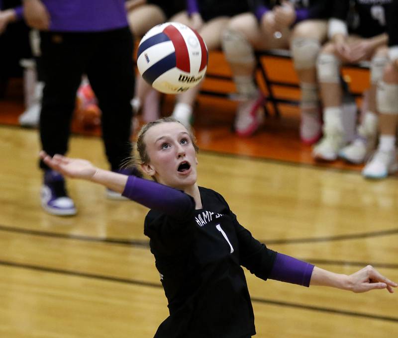 Hampshire's Elizabeth King hits the ball during an IHSA Class 4A McHenry Sectional volleyball match against Libertyville on Tuesday, Nov. 5, 2024, at McHenry High School Freshman Campus.