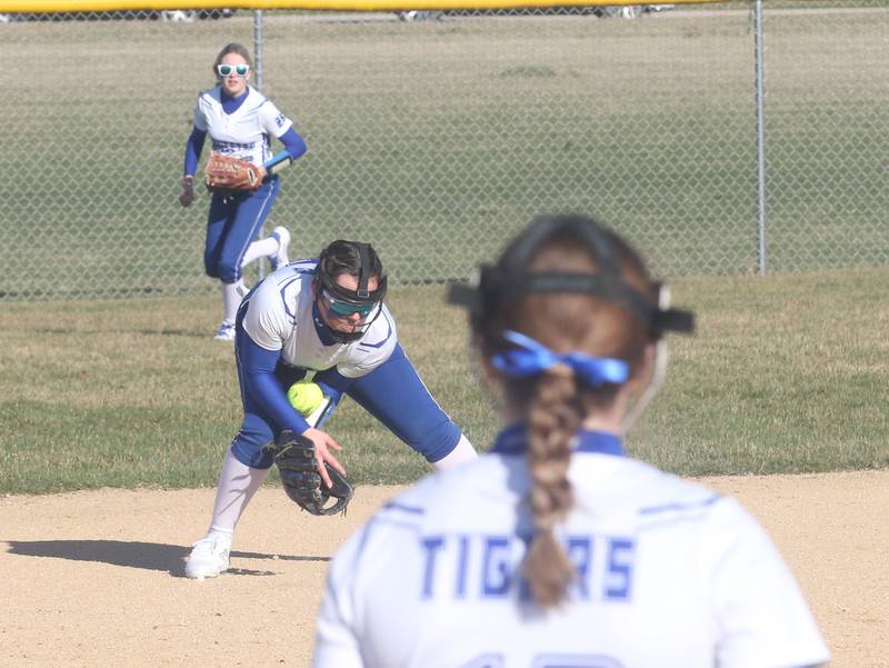 Princeton's Sylvie Rutledge (middle) fields a ground ball against L-P on Tuesday, March 19, 2024 in Princeton.