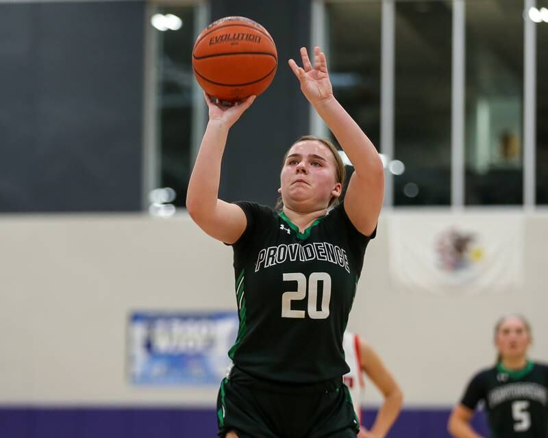 Providence's Gabi Bednar (20) shoots a free throw in the WJOL Tournament Championship game. Nov 18, 2023.