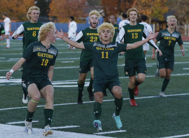 Crystal Lake South's Nico Velasco celebrates his first half goal during the IHSA Class 2A state championship soccer match against Peoria Notre Dame on Saturday, Nov. 4, 2023, at Hoffman Estates High School.