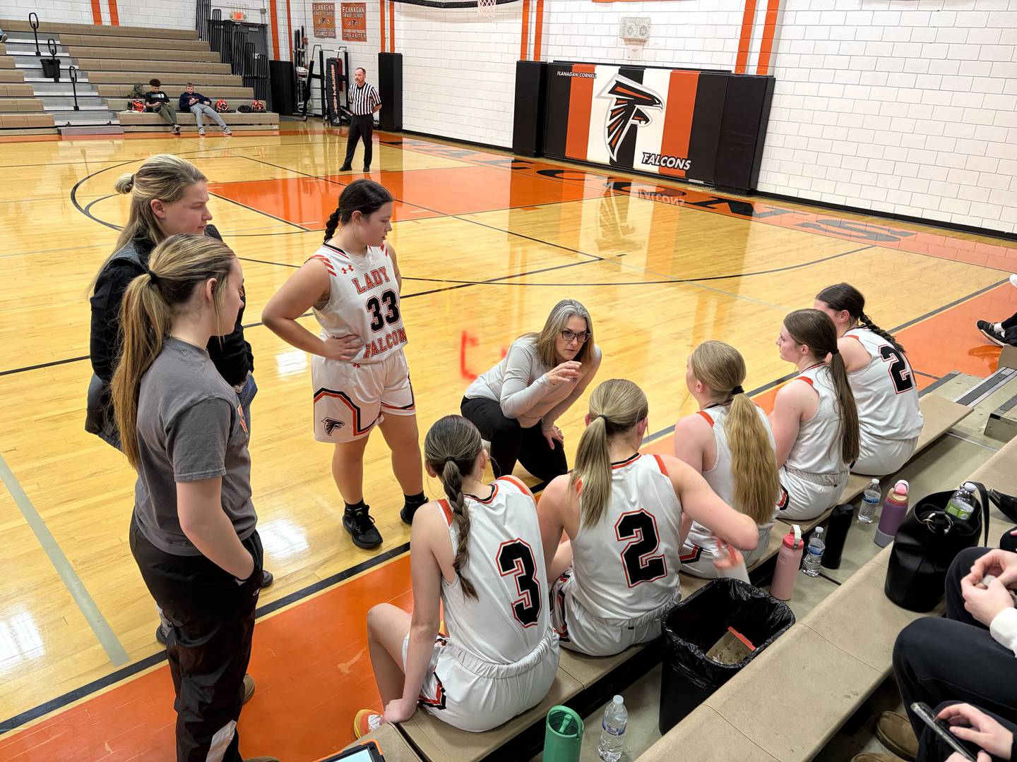 Flanagan-Cornell/Woodland girls basketball coach Danielle Pollitt (at center) instructs her team during its game with Heyworth on Friday, Jan. 30, 2026, in Flanagan.