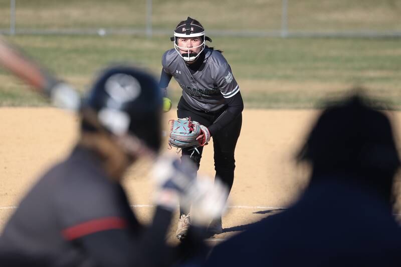 Plainfield Central’s Jamie Crawford delivers a pitch against Bolingbrook on Wednesday, March 20, 2024.