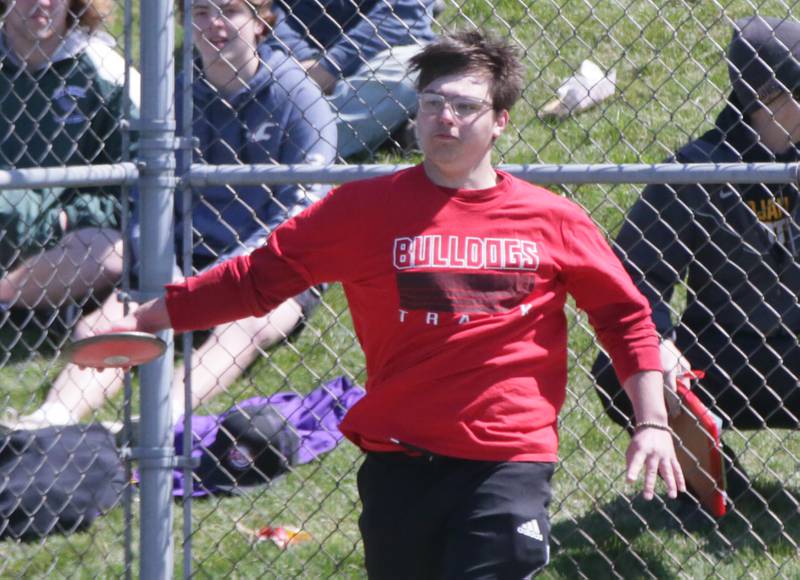 Streator's Hunter McDonald throws discus during the Rollie Morris Invite on Saturday, April 16, 2022 at Hall High School in Spring Valley.
