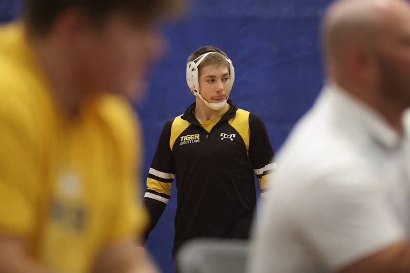 Joliet West’s Carson Weber waits to wrestle Romeoville’s TJ White in a dual meet on Thursday, Dec.14th, 2023 in Romeoville.