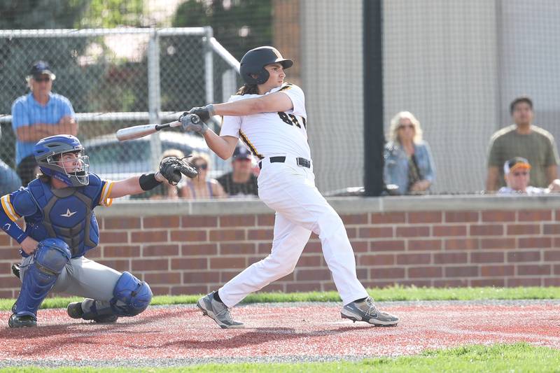 Joliet West’s John Spoto drives in a run against Joliet Central on Tuesday, May 9, 2023 in Joliet.