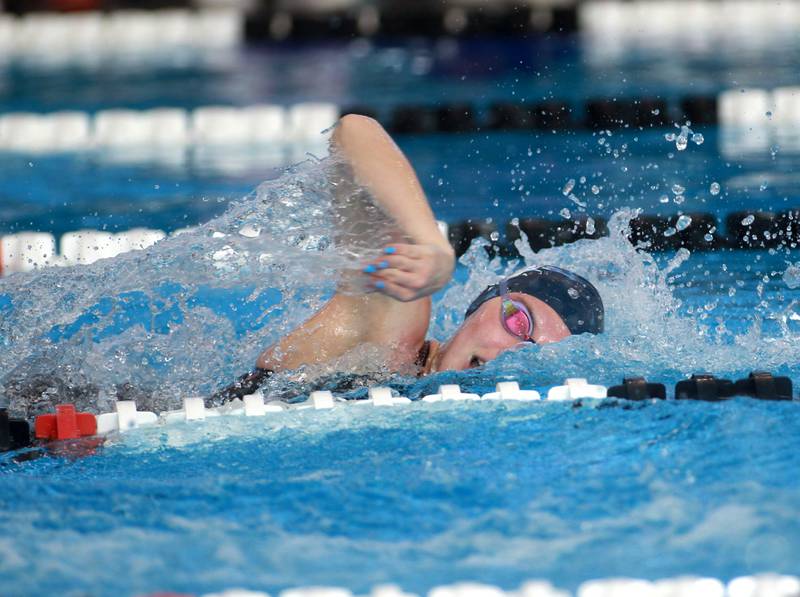 Riverside-Brookfield’s Hailey Vlcek swims the 200-yard freestyle championship heat during the IHSA Girls State Swimming and Diving Championships at the FMC Natatorium in Westmont on Saturday, Nov. 11, 2023.