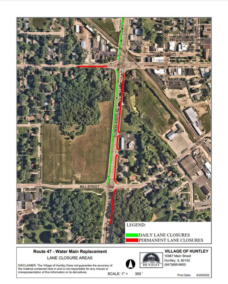 Water main work along Route 47 in Huntley is set to begin on Monday, Oct. 3, 2022, with lane closures beginning on Tuesday. Work is planned to go until December 2022.