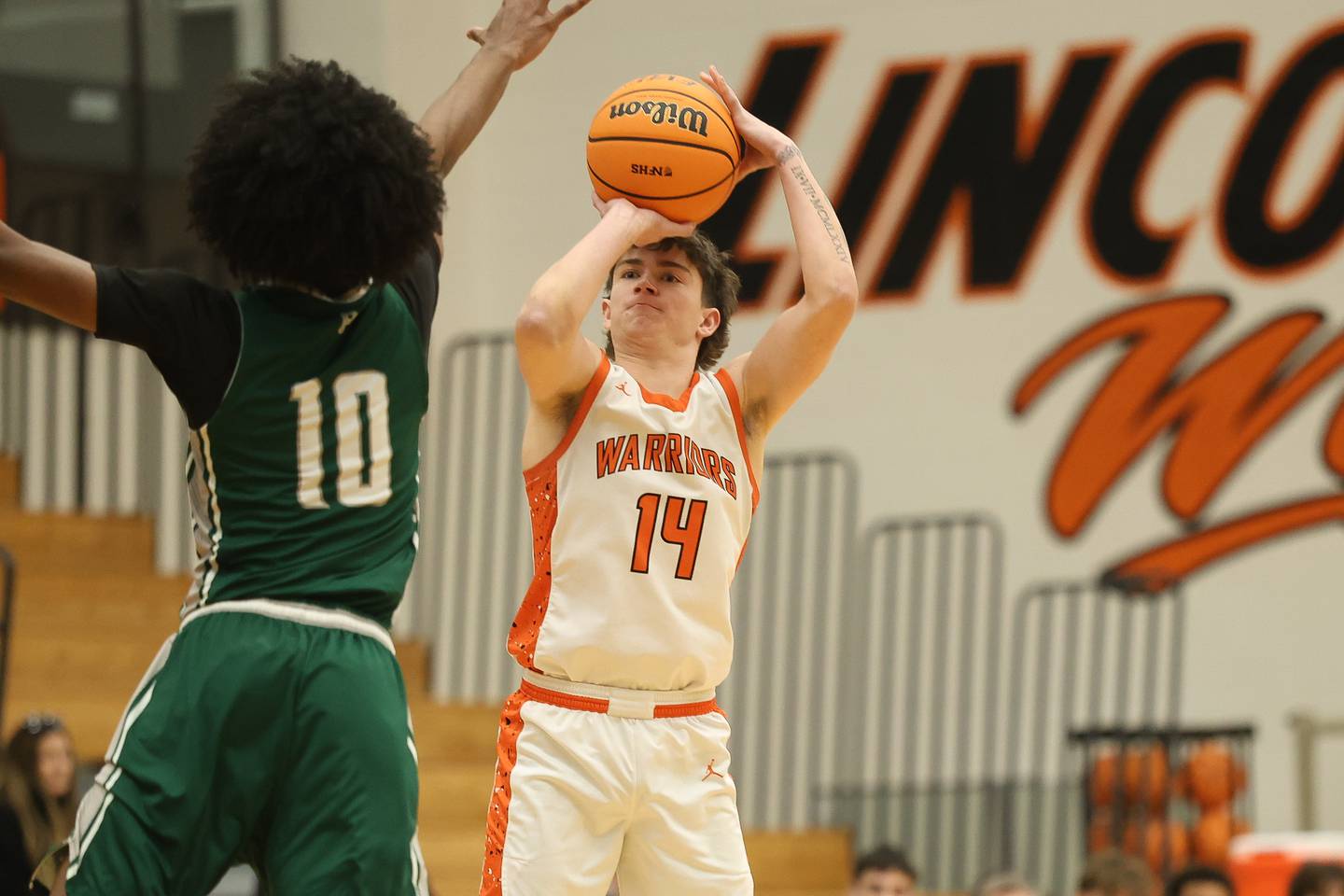 Lincoln-Way West’s Drake Been hits the three point shot against Plainfield Central on Saturday, Jan 3, 2026 in New Lenox.