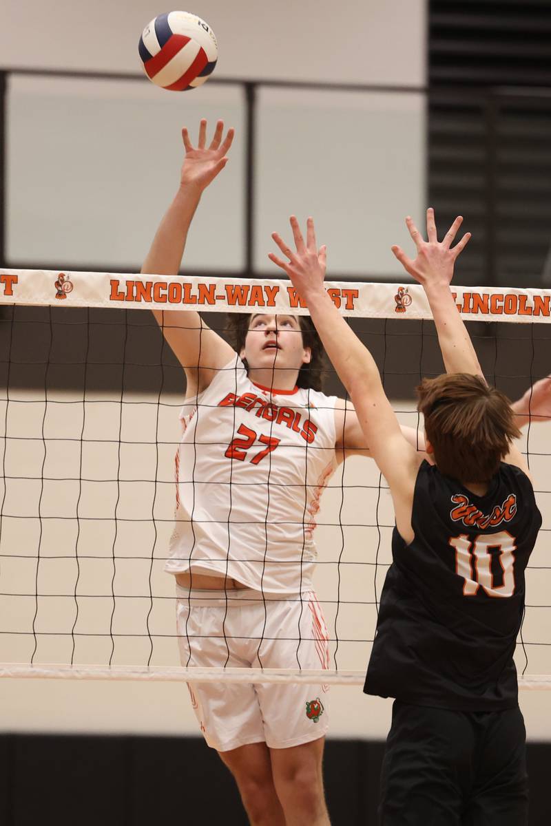 Plainfield East’s Timothy Bannon goes up for the push against Lincoln-Way West on Wednesday, March 22nd. 2023 in New Lenox.