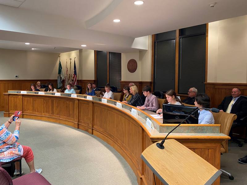 The Kiwanis kids handle the City Council's governmental duties on Tuesday. From left to right: Lucy Cooper, Dixie Smick, Michael Cootz, Zadie Ortiz, Sawyer Ernat, Margaret Wiegman, Griffin Dobberstein, Jakobi Reed and Aleixo Fernandez. Not pictured are Grady Dose and Briar Harris, who stood in for the Fire Chief and the Police Chief.