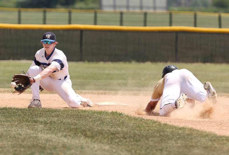 Sycamore's Tommy Townsend is thrown out trying to steal as Burlington Central's Brady Gilroy takes the throw during their Class 3A sectional final game against Sycamore Saturday, June 3, 2023, at Kaneland High School in Maple Park.