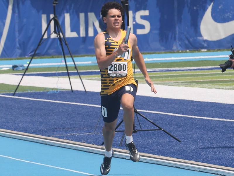Sterling's Ryan Gebhardt competes in the 4x100 meter run during the IHSA Class 2A Boys Track & Field State Finals on Saturday, May 31, 2025 at Eastern Illinois University in Charleston.