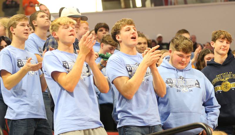 Cissna Park students cheer on the Lady Timberwolves as they play Calhoun during the Class 1A State semifinal game on Friday, Nov. 15, 2024 at CEFCU Arena in Normal.