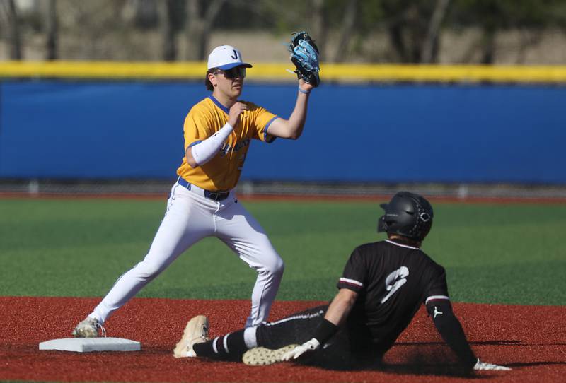 Johnsburg's Josh Speer gets the force out as Marengo's Alex Johnson slides into second base during a Kishwaukee River Conference baseball game on Wednesday, April 22,2026, at Johnsburg High School.