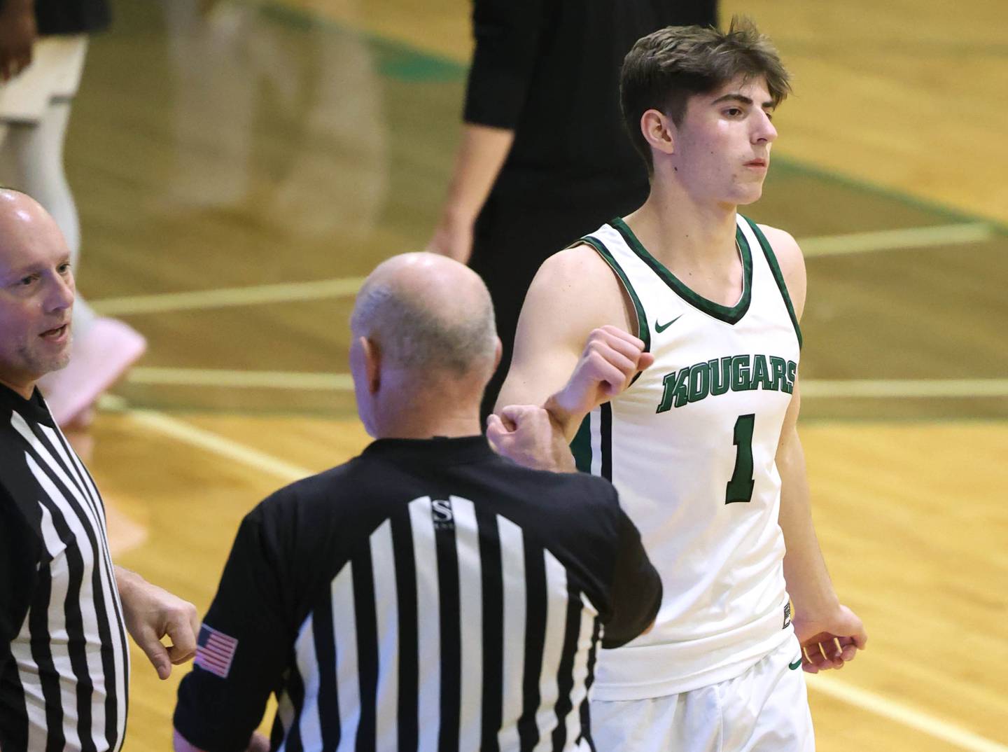 Kishwaukee College's Ben Larry greets the officials Thursday, Jan. 22, 2026, before their game against the Rockford University JV team at Kishwaukee College in Malta.