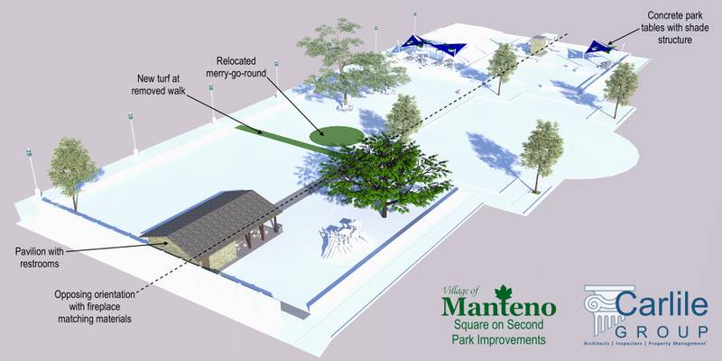 An artist rendition shows the pavilion with restrooms will be placed in the middle of the south end of the Square on Second in Manteno.