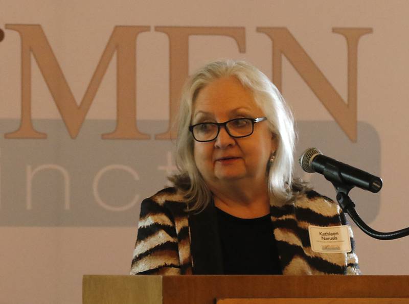 Award recipient Kathleen Narcosis speaks during the Northwest Herald's Women of Distinction award luncheon Wednesday June 4, 2025, at Boulder Ridge Country Club, in Lake in the Hills. The luncheon recognized ten women in the community as Women of Distinction.
