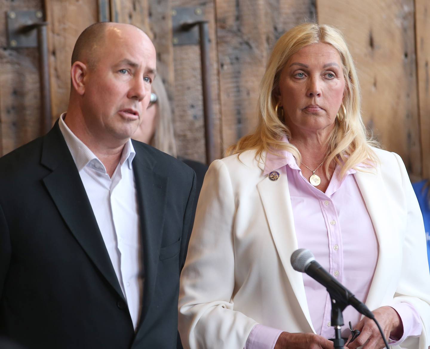 State Rep. Lance Yednock, D-Ottawa and State Sen. Sue Rezin (R-Morris) address the media regarding the recent closure of  St. Margaret's Health-Peru on Monday, Feb. 6, 2023 at Westclox in Peru.