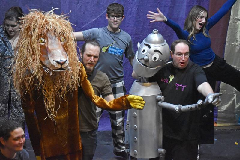 Cast members of "The Wizard of Oz" and the corresponding life-size puppets rehearse a dance for the PM&L Theatre production of the classic musical, now playing in Antioch through March 3. Photo courtesy of Iva Trocke.