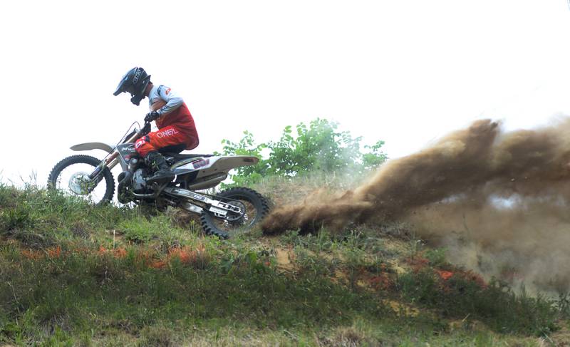 Thor Rick of Marseilles makes it to the top of the hill at the Rock River Riders Motorcycle Club's Father's Day Hillclimb on Sunday, June 15, 2025.
