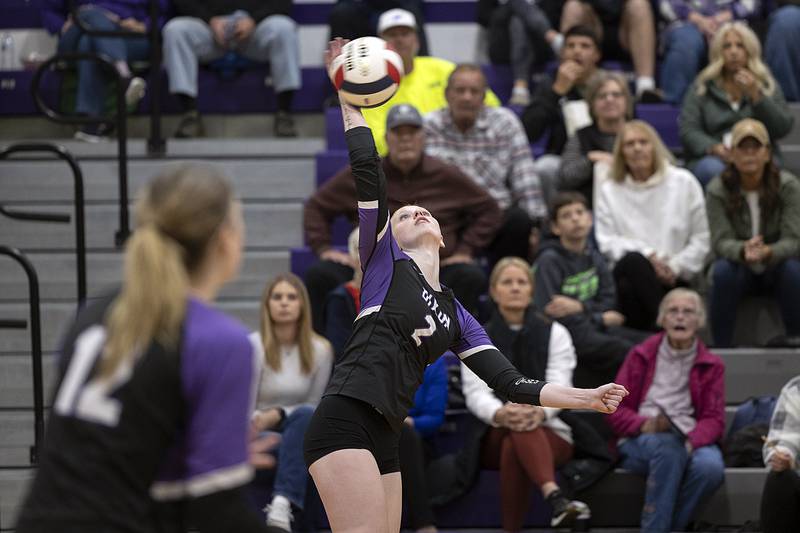 Dixon’s Madyson Tichler spikes against Rochelle Monday, Oct. 28, 2024, during regional play in Dixon.