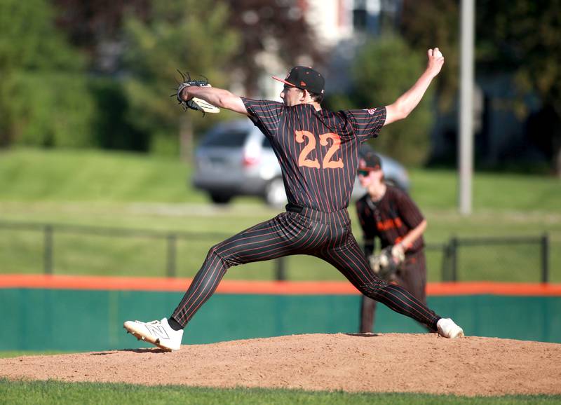 St. Charles East's Ben Solazzo pitches during a game against Geneva on Tuesday, May 13, 2024 in St. Charles.