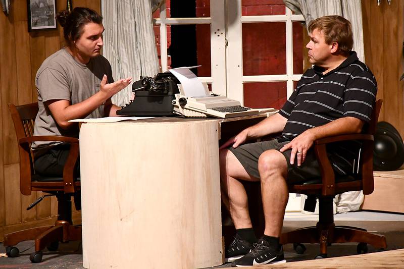 Clifford Anderson (from left, Nate Kirk) and Sidney Bruhl (Jeff Harding) rehearse a scene from "Deathtrap."