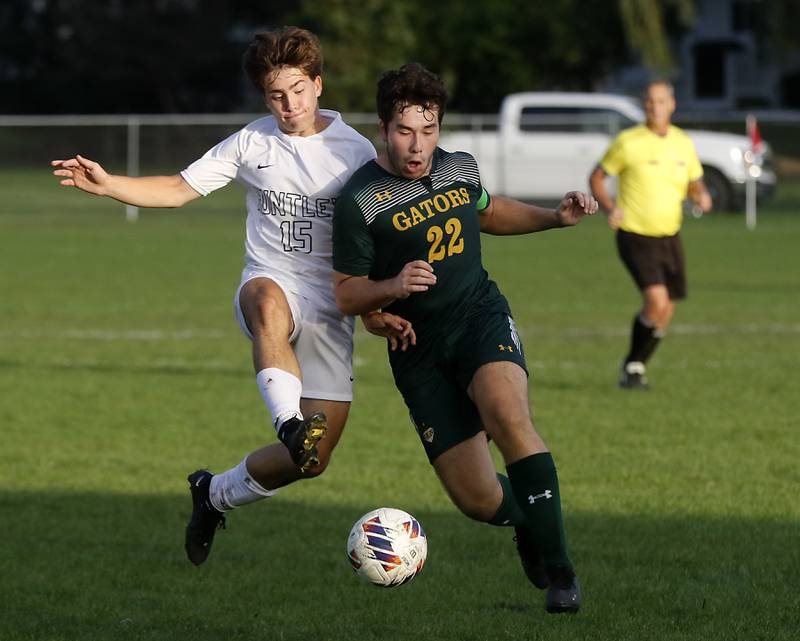 Huntley's Tyler Roberts battles with Crystal Lake South's Garrett Hess for control of the ball during a Fox Valley Conference soccer match on Thursday, Sept. 28, 2023, at Crystal Lake South High School.