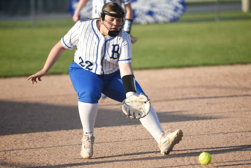 Milford-Cissna Park's Molly Coffey charges a ground ball during a home game against Oakwood Wednesday, April 16, 2025.