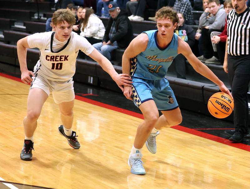 Marquette’s Lucas Craig gets by Indian Creek's Parker Murry Monday, Dec. 9, 2025, during their game at Indian Creek High School in Shabbona.