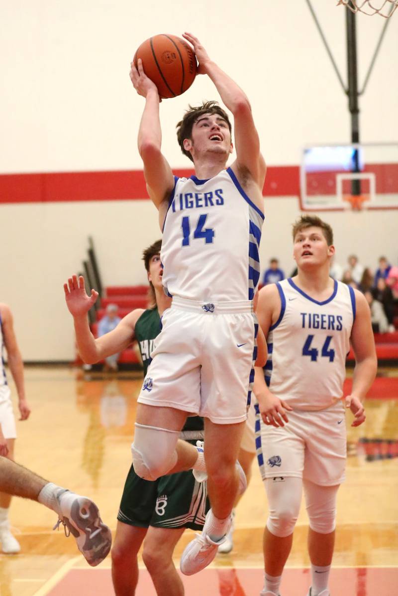 Princeton's Grady Thompson shoots against St. Bede Saturday night in the Colmone Classic.