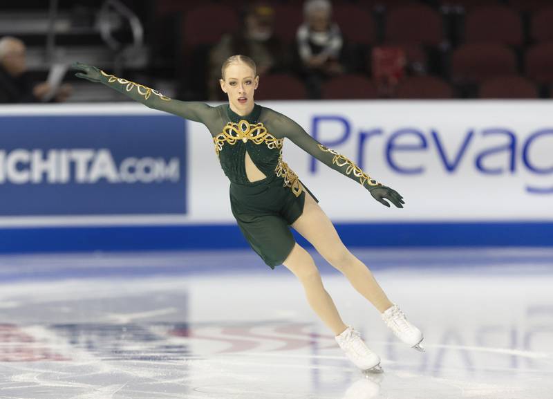 Bradie Tennell warms up before the women's short program at the U.S. figure skating championships Thursday, Jan. 23, 2025, in Wichita, Kan. (AP Photo/Travis Heying)