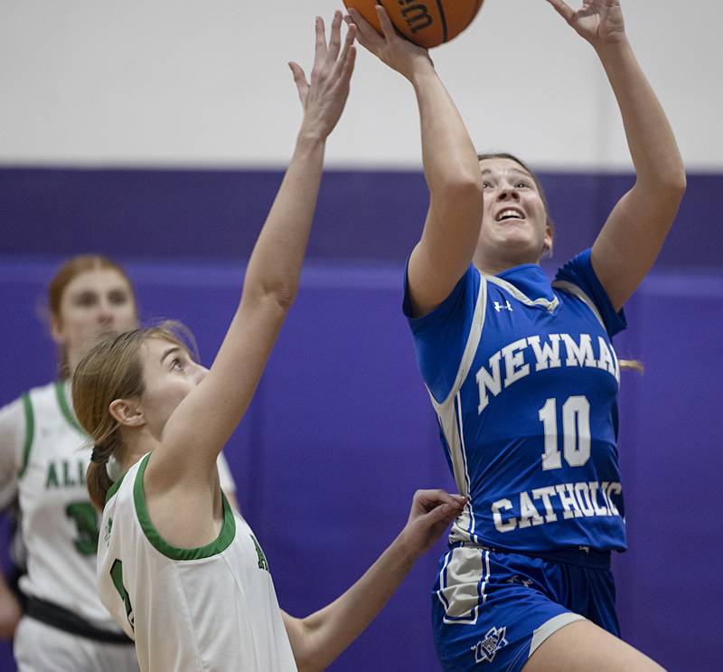 Newman’s Elaina Allen puts up a shot against Alleman Friday, Dec. 26, 2025, at the Duchesses Basketball Christmas Classic.