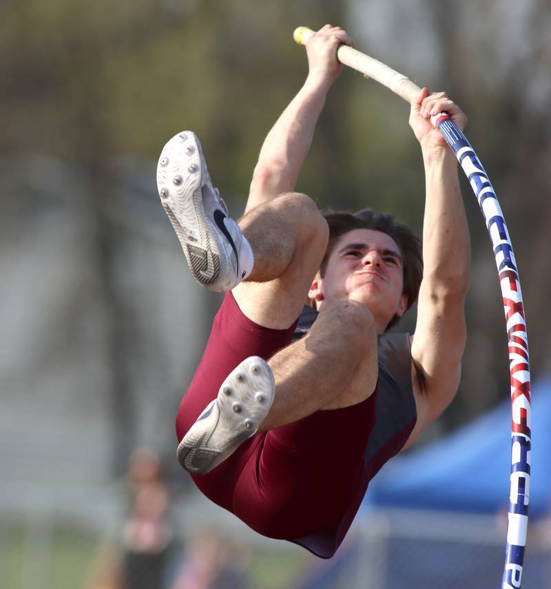 Prairie Ridge’s Conner Pearson clears ten feet in the pole vault during the McHenry County Track and Field Meet at McCracken Field on Thursday, April 24, 2025, in McHenry