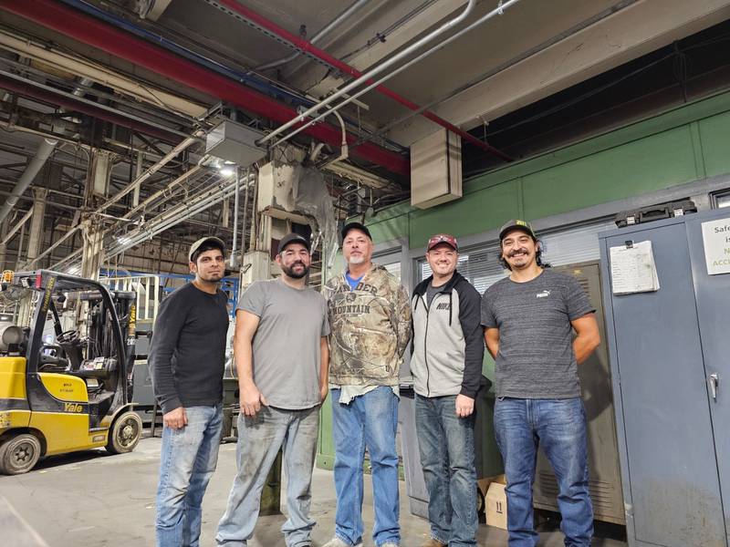 The last mold team at Owens-Illinois in Streator, 2024. Left to right: Eugenio Mascote, Nick LeBeau, Randy Hatcher, Ryan Lohr, and Rafael Mascote.