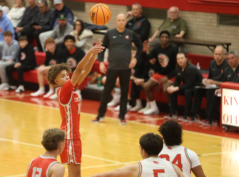Streator's Christian Bruton drains a three point basket against L-P during the Dean Riley Shootin' The Rock Thanksgiving Tournament on Monday Nov. 24, 2025 in Kingman Gymnasium at Ottawa High School.