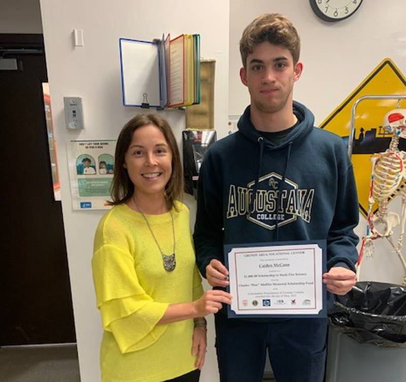 Caiden McCann of Minooka High School and the Grundy Area Vocational Center’s Fire Science Program has been awarded the Pete Muffler Memorial Scholarship.