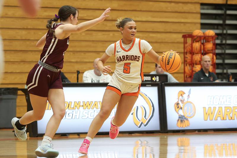 Lincoln-Way West’s Ava Tisch works the ball against Lockport on Tuesday, Feb. 3, 2026 in New Lenox.