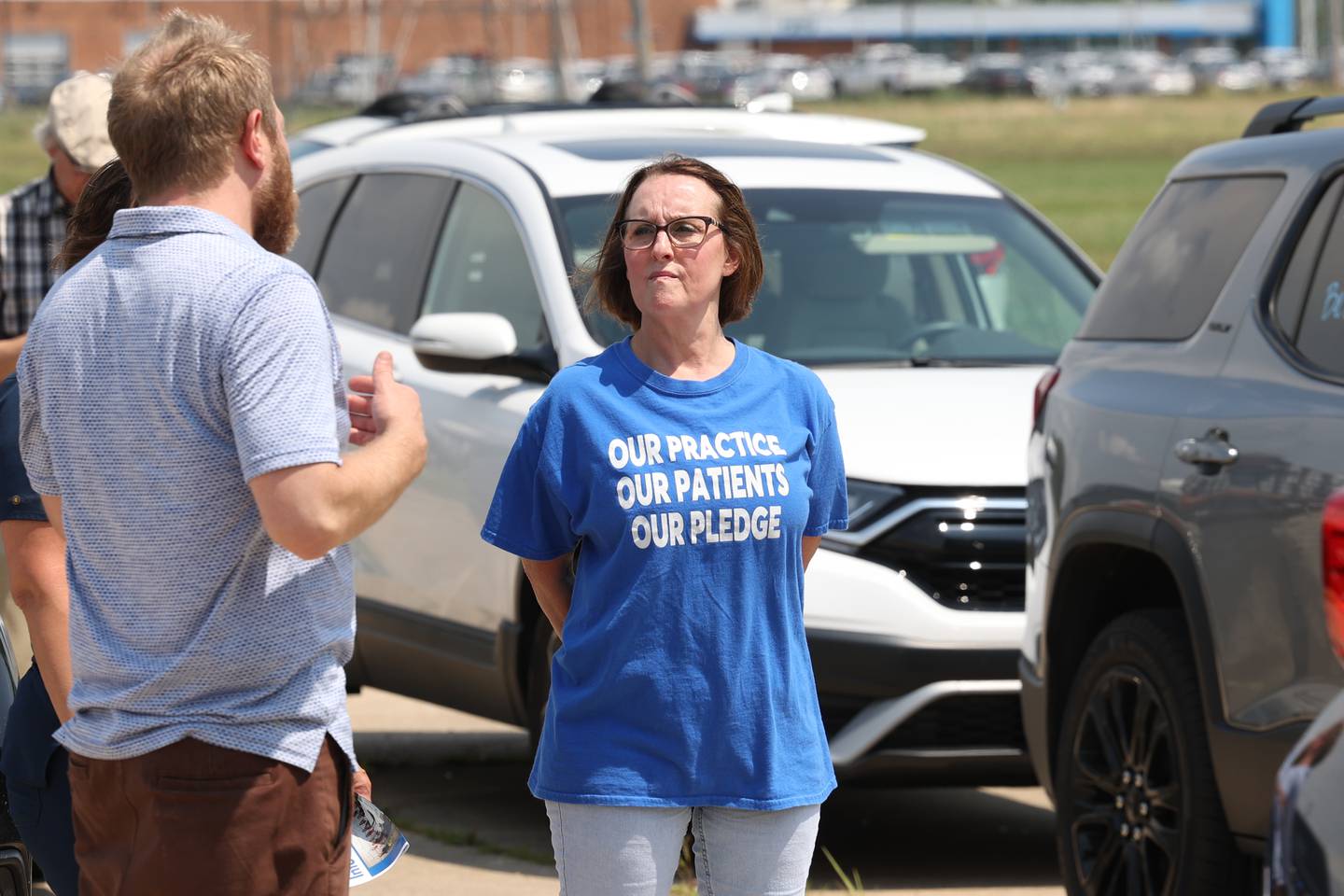 Debra Jacksa, a nurse, prepares for a rally to bring awareness regarding ongoing negotiations at St. Joseph Hospital in Joliet on Tuesday, July 11th, 2023.