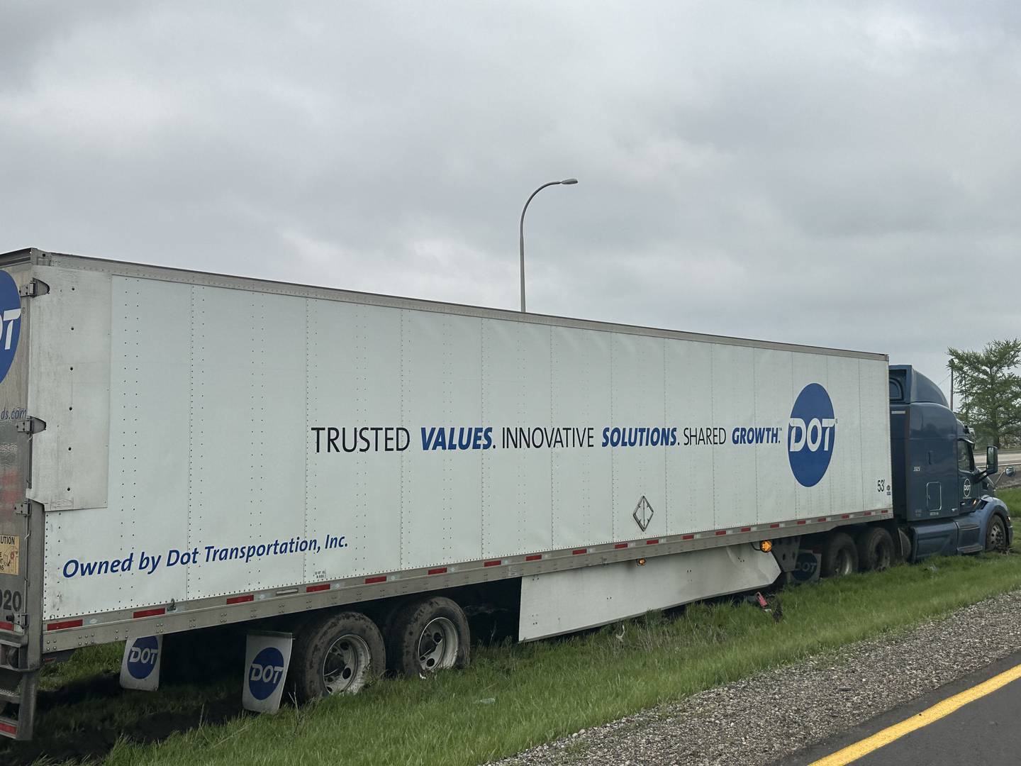 A semi truck left the roadway and ended up in the median of Interstate 80 going eastbound near mile marker 74 on Thursday, May 1, 2025 in Peru. Illinois State Police and Illinois Department of Transportation were called to the scene just after noon on Thursday.