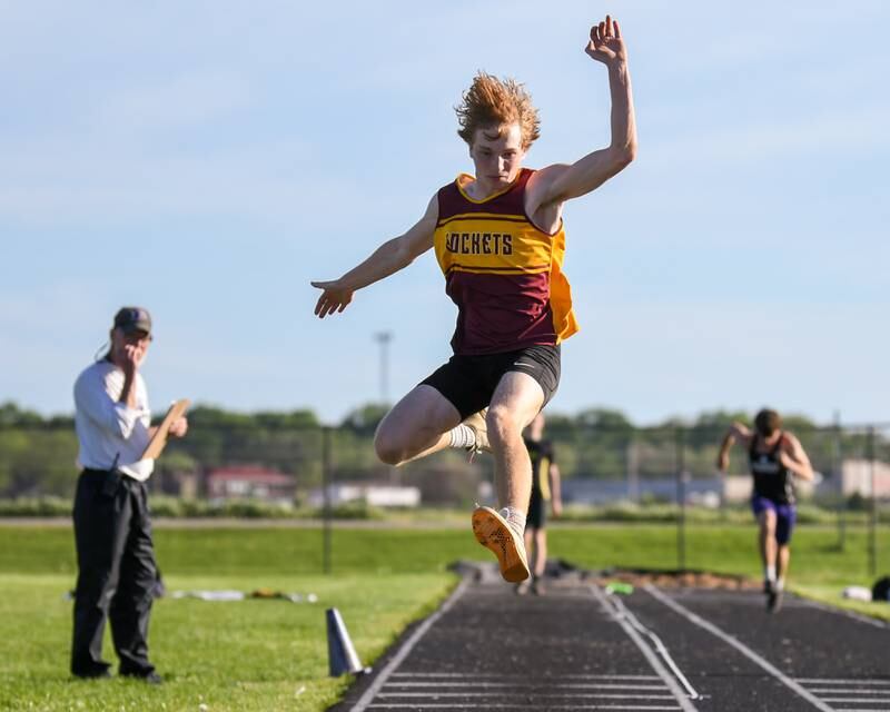 Logan Molczan Richmond-Burton competes in the triple jump during the Kishwaukee River Conference track meet on Tuesday May 7, 2024, held at Plano High School.
