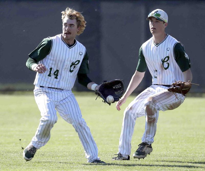 Grayslake Central's Collin Woods, left, and Zack Chamernik chase down a shot to right field during the IHSA Class 3A sectional semifinals, Thursday, June 2, 2022 in Grayslake.