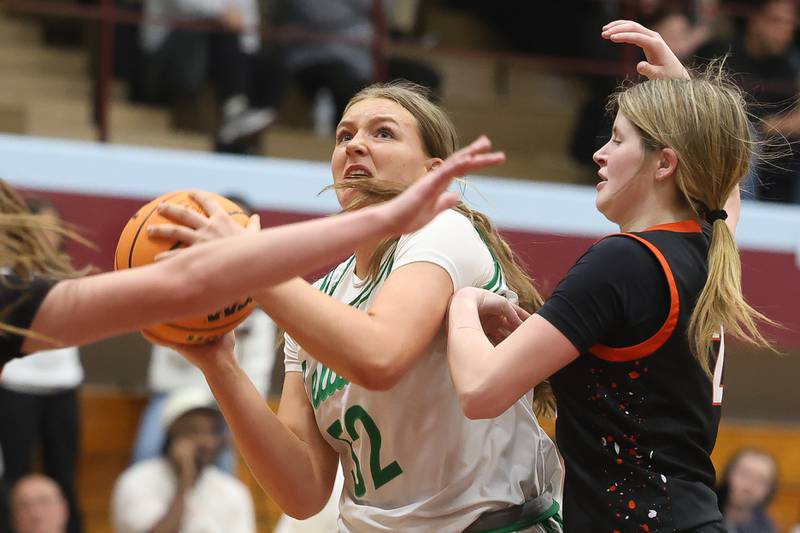 Providence’s Layken Callahan battles to the basket against Washington in the Class 3A Kankakee Super-Sectional game on Monday, March 3, 2026 in Kankakee.