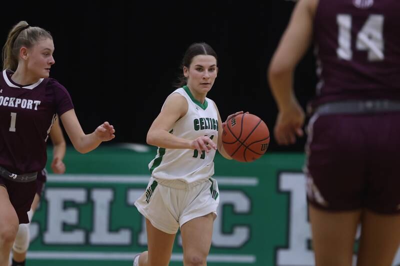 Providence’s Elaina Utz works the ball up court against Lockport.