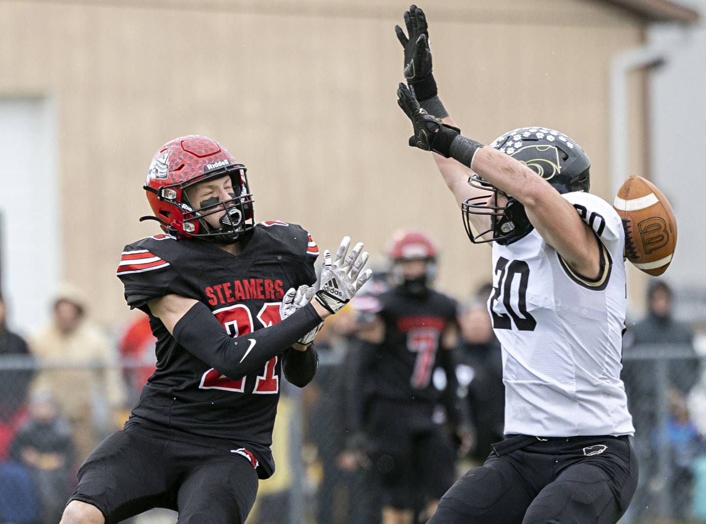 Le/Win’s Gunar Lobdell blocks a pass intended for Fulton’s QJ Mangelsen Saturday, Nov. 12, 2022.