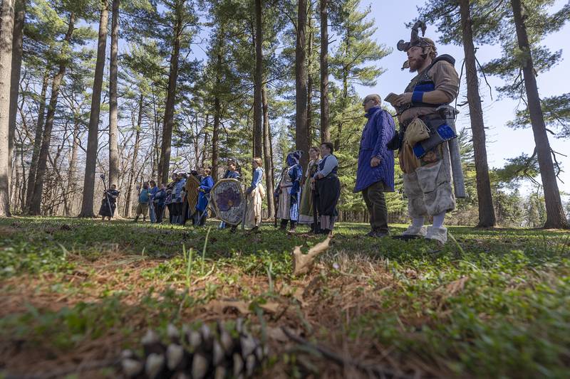 Several new members attended the CER LARP game play on Saturday, April 13, 2024 in Dixon. Game master Jake Wallin informs the group of rules and instruction at the start of play.