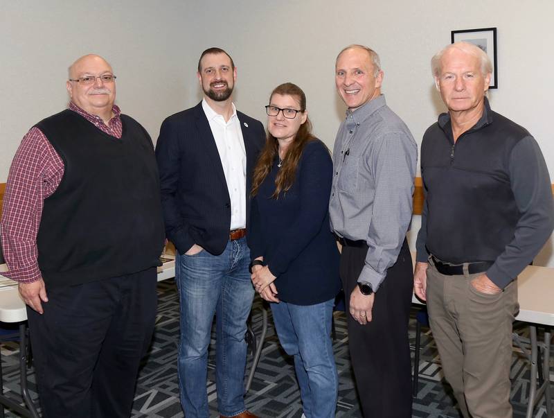 Candidates for the Sugar Grove Board of Trustees participate in a Meet the Candidates forum at the Sugar Grove Public Library on Saturday, March 18, 2023. (l-r) Tony Speciale, Matt Bonnie, Heidi Lendi, Sean Michels and Bill Suhayda.
