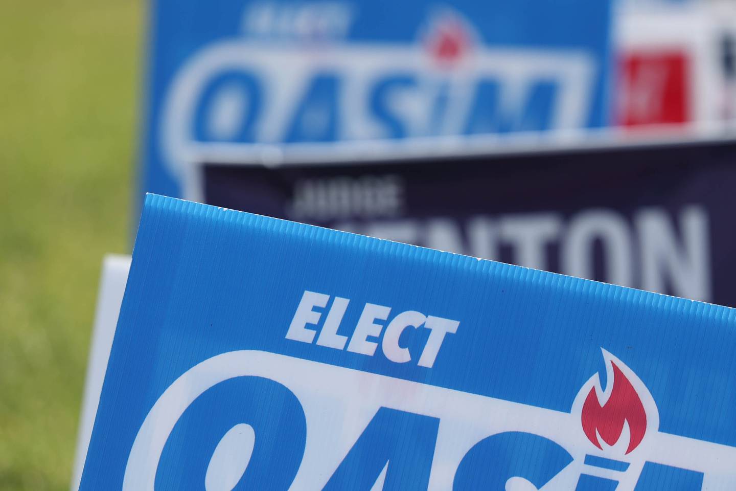 Campaign signs sit outside the Will County Office Building onTuesday, March 19, 2024 in Joliet.