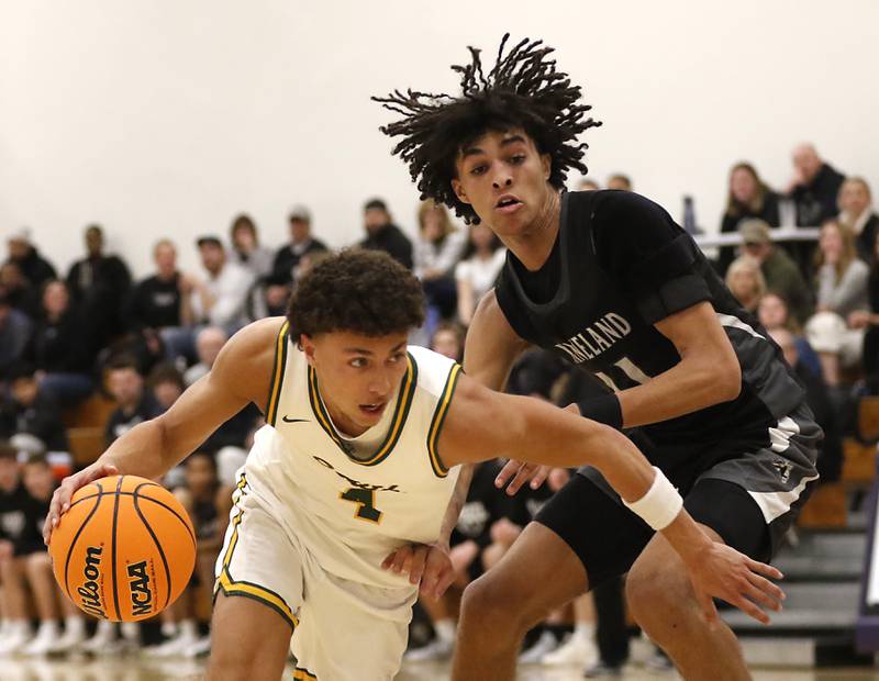 Crystal Lake South's AJ Demirov tries to drive against Kaneland's Evan Frieders during the IHSA Class 3A Rochelle Sectional championship basketball game on Friday, March 7, 2025, at Rochelle High School.